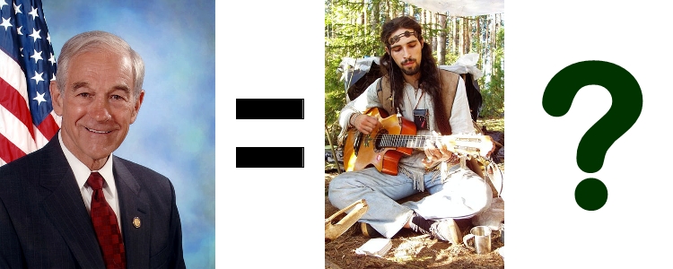 Conservative Libertarian Ron Paul (2007, left) and man at Russian Rainbow gathering (2005, right)